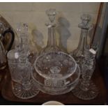 A Tray of Cut and Etched Glassware to Include Decanters, Bowls, Candle Sticks etc