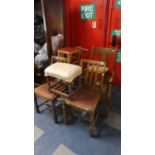 A Collection of Four Various Oak Framed Chairs and Three Stools