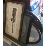 A Collection of Two Oval Edwardian Wall Mirrors, Framed Monochrome Print, Still Life Oil and a