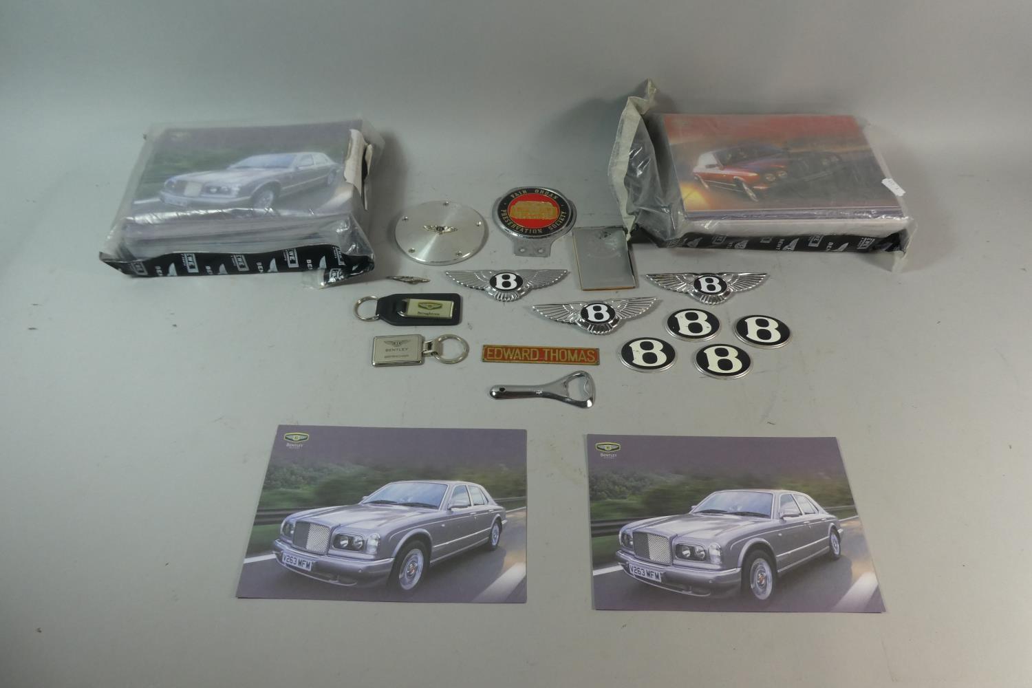 A Collection of Bentley Ephemera to Include Badges, Keyring, Postcards etc