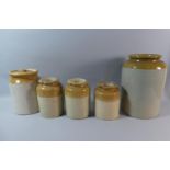 A Collection of Five Stoneware Storage Jars, The Tallest 28cm high