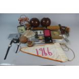 A Tray of Curios to Include Lawn Bowls, Copper Alarm Clock, Crucifix, Mother of Pearl Shell,