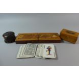 A Mauchline Ware Box for Stratford Together with an Inlaid 19th Century Cribbage Board and a