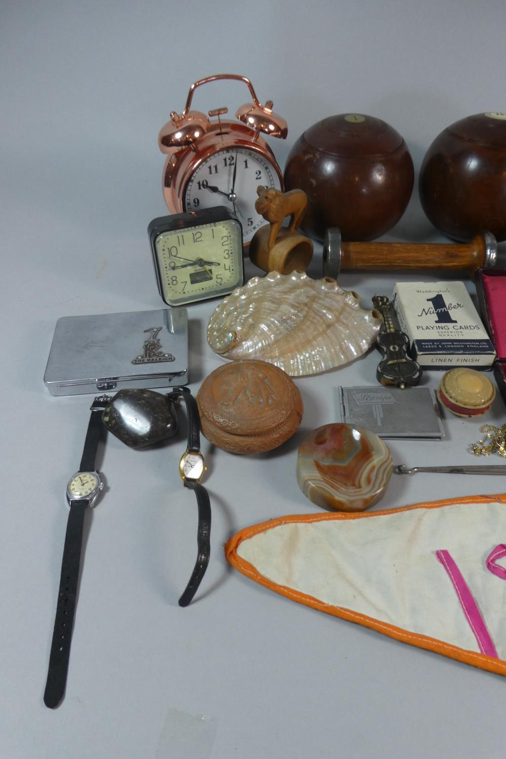 A Tray of Curios to Include Lawn Bowls, Copper Alarm Clock, Crucifix, Mother of Pearl Shell, - Image 2 of 3