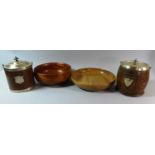 Two Treen Fruit Bowls and Two Silver Plate Mounted Oak Biscuit Barrels