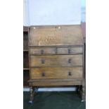 An Edwardian Oak Fall Front Bureau with Two Short and Two Long Drawers to Base, 75cm Wide