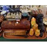 A Tray Containing Oriental Lacquered and Inlaid Boxes, African Carved Ornaments, Russian Dolls,