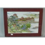 A Framed Oriental Ceramic Plaque Depicting Palace, 35cm Wide