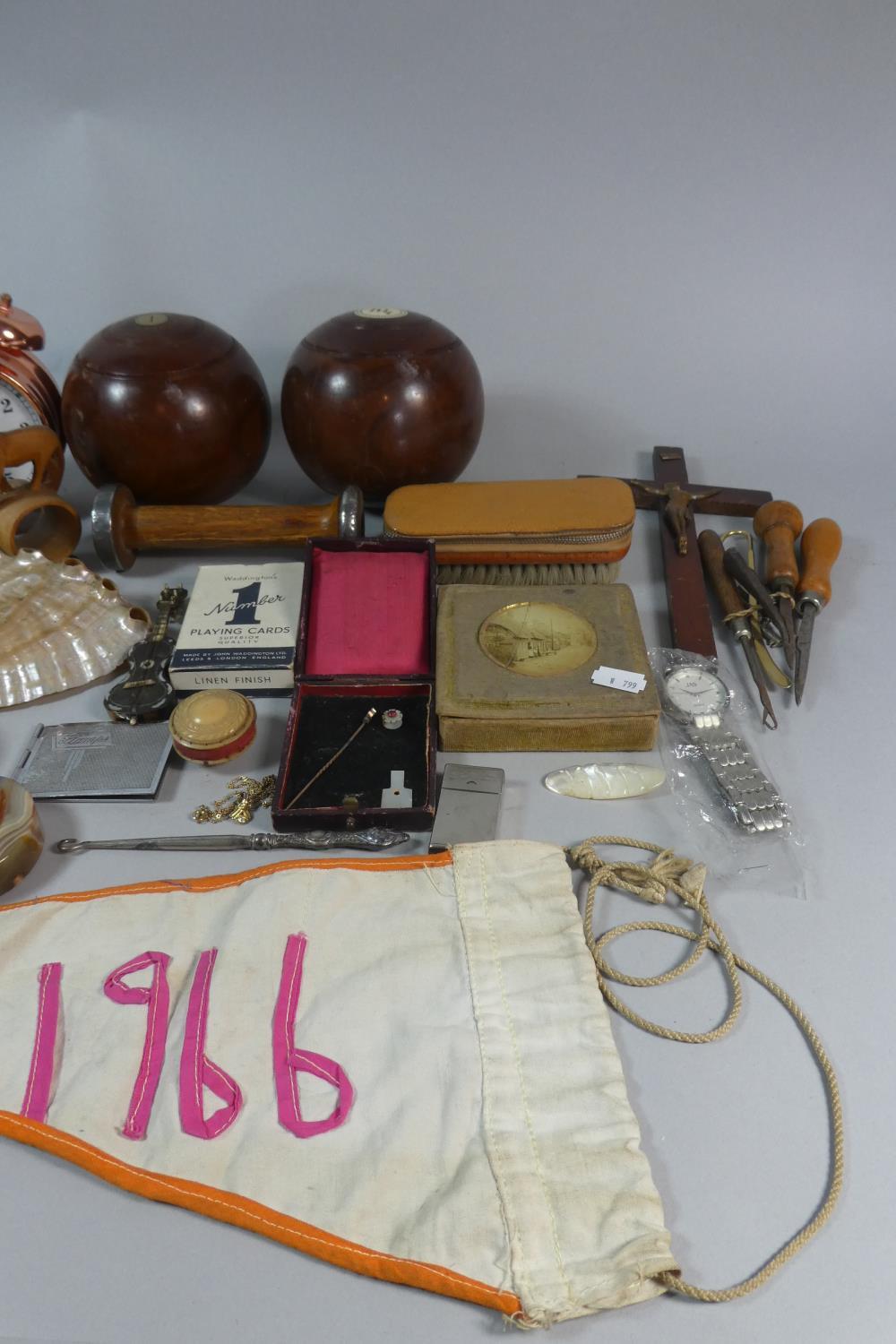 A Tray of Curios to Include Lawn Bowls, Copper Alarm Clock, Crucifix, Mother of Pearl Shell, - Image 3 of 3