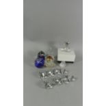 A Tray Containing Five Glass Paperweights, Galway Crystal Teddy Bear and Eight Glass Furniture Knobs