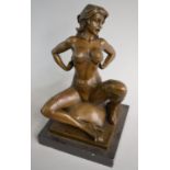 A Large Heavy Late 20th Century Erotic Bronze of Seated Nude on Granite Square Base, 32cm high