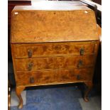 An Edwardian Burr Walnut Fall Front Three Drawer Bureau, 76cm Wide