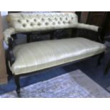 An Edwardian Buttoned Upholstered Ladies Salon Settee, Mahogany Frame 130cm Wide