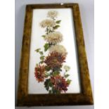 A Victorian Velvet Framed Painting on Opaque Glass, Chrysanthemums, 50cm High