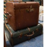 Two Vintage Wooden Mounted Canvas Covered Travelling Trunks