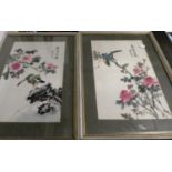 Two Framed Oriental Paintings on Silk Depicting Birds and Flowers, Each 42cm High