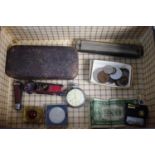 A Vintage Case Containing Harmonica, Coins and Bank Note, Tin Plate Racing Car, Jewelled Match