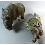 A Carved and Weathered Hardwood Study of a Rhino and a Carved Green Man Tree Branch, 56cm Long