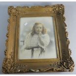 A Gilt Framed Hand Coloured Victorian Photograph of a Seated Girl, 23cm Wide