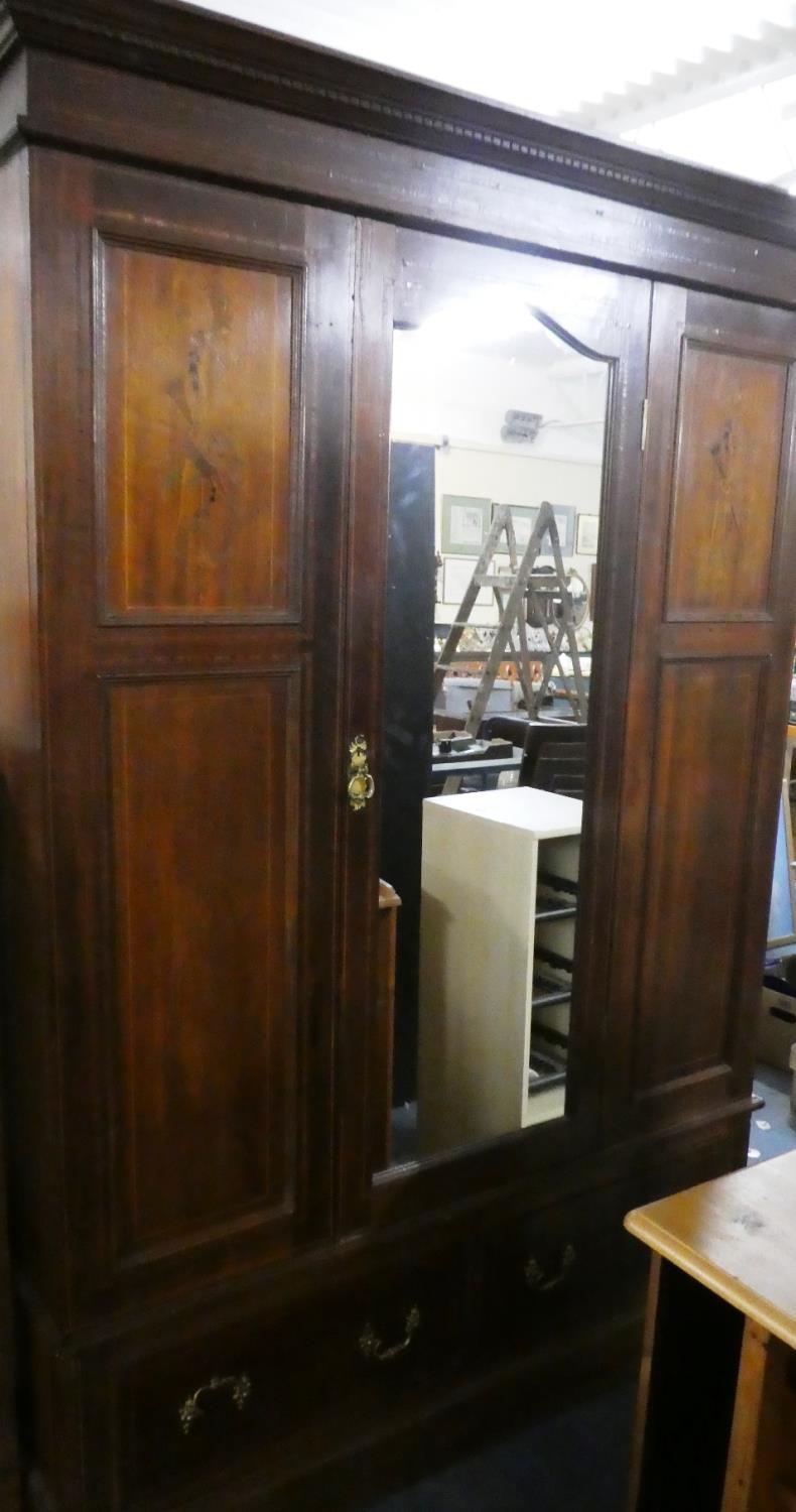 An Edwardian Inlaid Mahogany Triple Wardrobe with Mirrored Door and Two Base Drawers, 150cm Wide