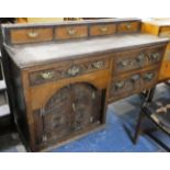 A 19th Century Oak Dresser Base with Drawers and Cupboards and Three Raised Drawers, For