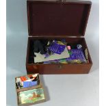 A Mahogany Box Containing Cottons, Needles and Other Sewing Accessories, Brass Clasp and Carrying