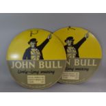 A Pair of Printed Circular Cardboard Advertising Signs 'John Bull, Lively-Long Wearing, Road Sprint,