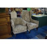 A Tapestry Upholstered Wing Armchair and a Matching Ladies Tub Armchair