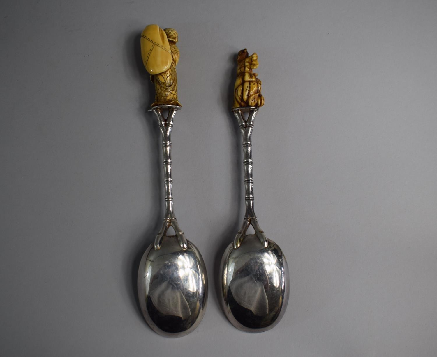 A Cased Pair of Oriental Ivory Mounted White Metal Serving Spoons with Faux Bamboo Handles and - Image 4 of 4