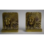 A Pair of Brass Bookends, Decorated in Relief with Indian Chief.