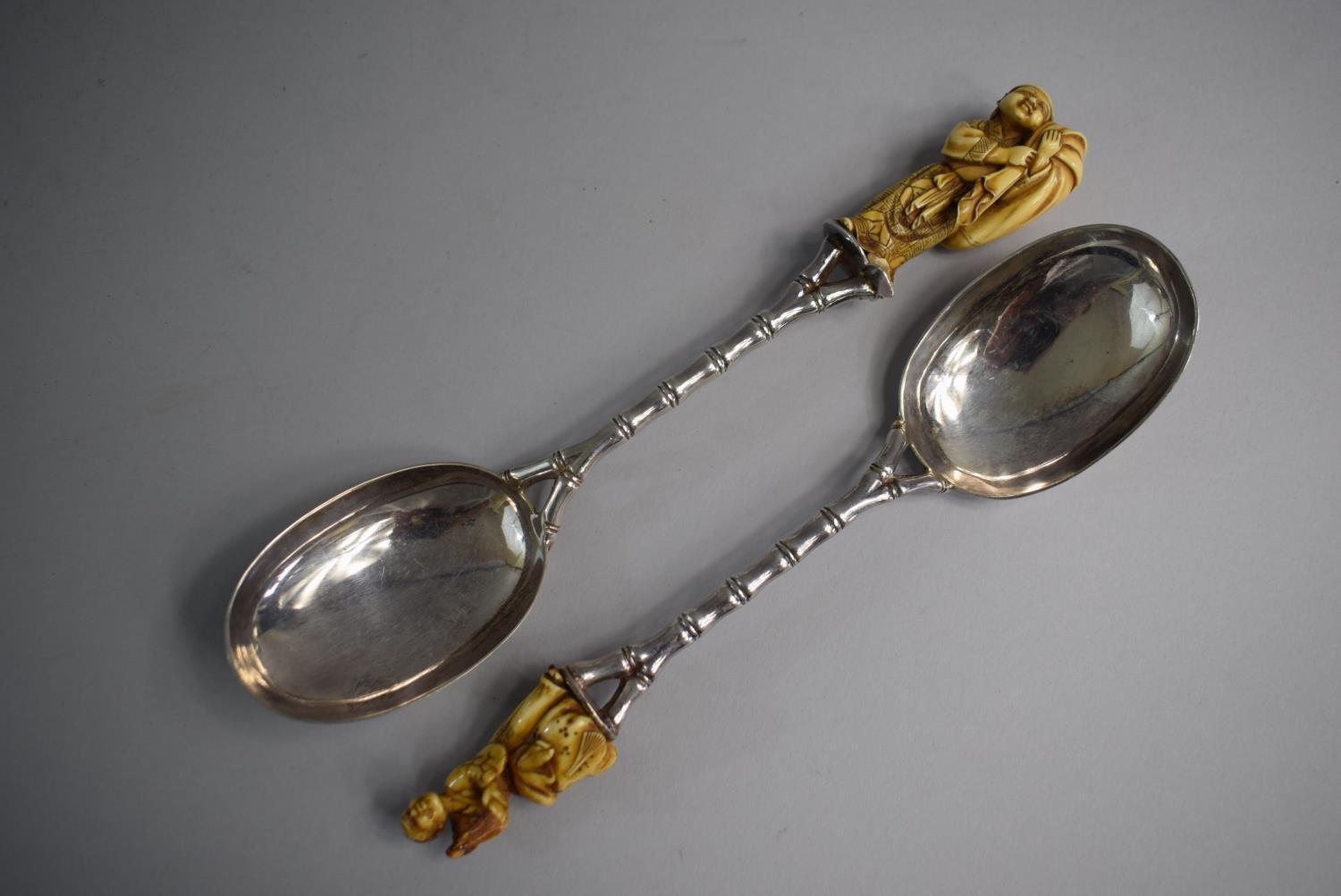 A Cased Pair of Oriental Ivory Mounted White Metal Serving Spoons with Faux Bamboo Handles and - Image 2 of 4