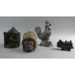 A Collection of Three Small Cast Iron Novelty Money Banks in the Form of Indian Chief, Cockerel