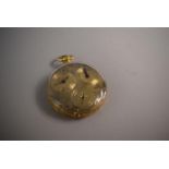 An 18k Gold Cased Three Dial American Pocket Watch with Engraved Front Depicting Rural Buildings and