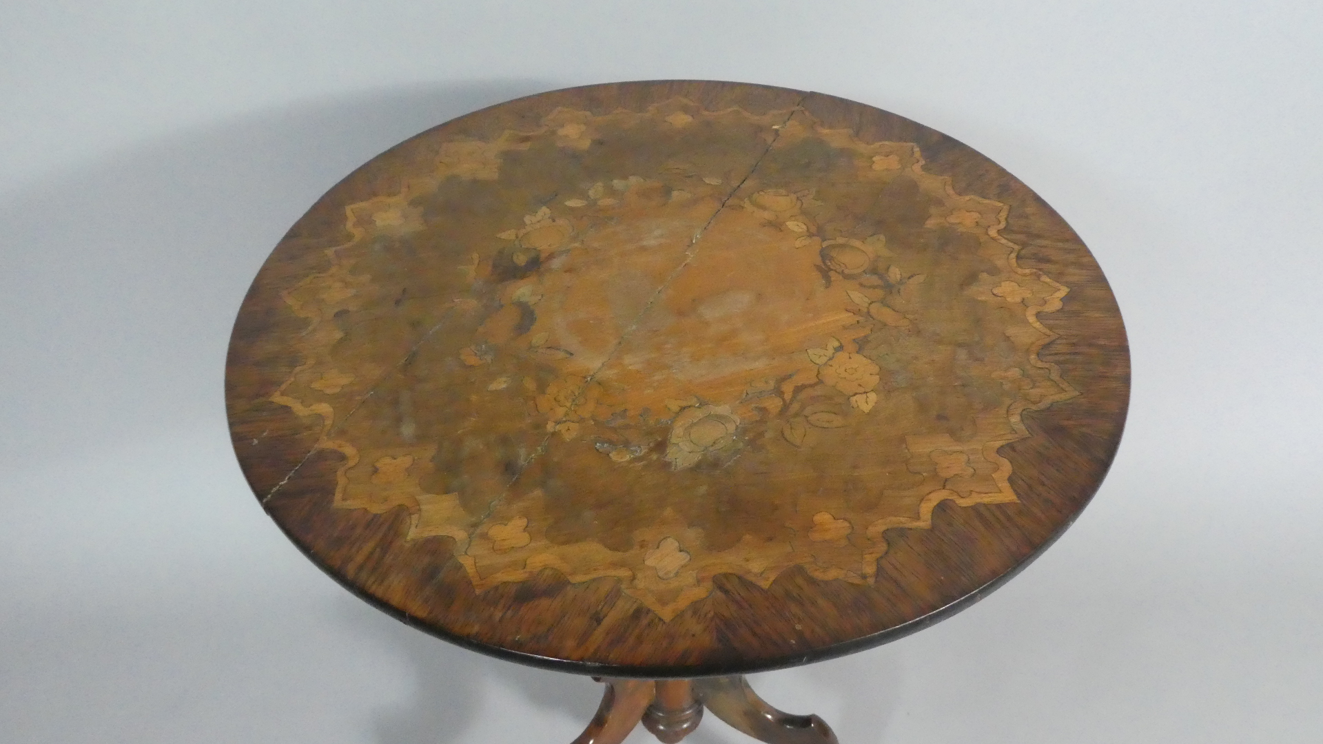 A Walnut Tripod Table, The Rosewood Crossbanded Top Inlaid with Marquetry Woods to Form Floral and - Image 2 of 5