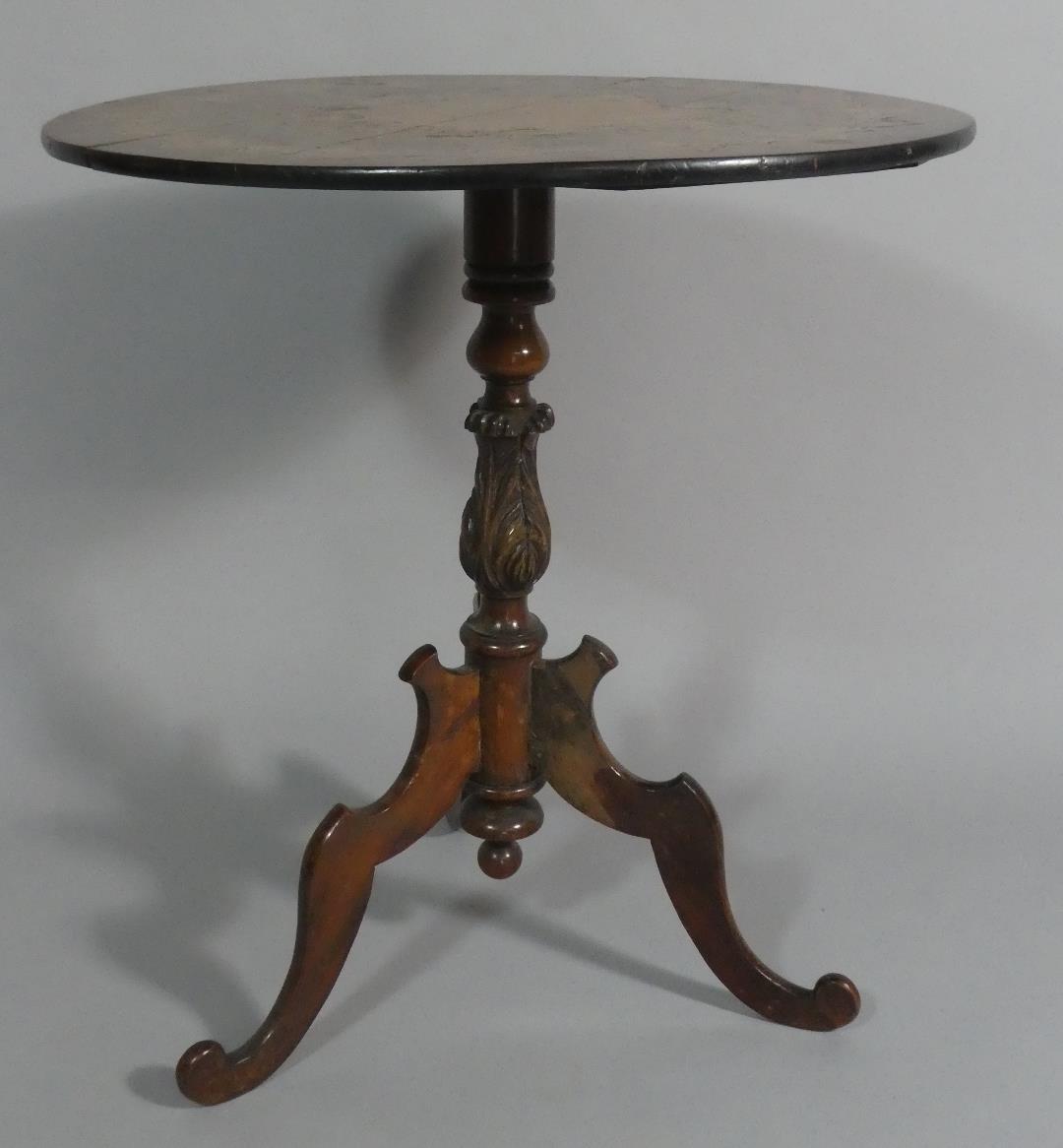 A Walnut Tripod Table, The Rosewood Crossbanded Top Inlaid with Marquetry Woods to Form Floral and