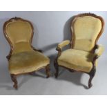 A Pair of Walnut Framed Upholstered Balloon Back Ladies and Gents Victorian Armchairs with Carved