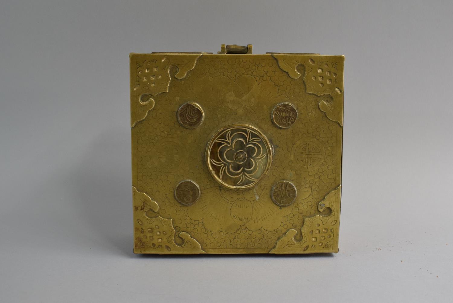 A Mid 20th Century Chinese Brass Two Section Box with Lid. Token Mounts to Front and Lid. 15.5cms - Image 3 of 3