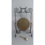A Late 19th Century Arts and Crafts Wrought Iron Framed Free Standing Dinner Gong with Scrolled Feet