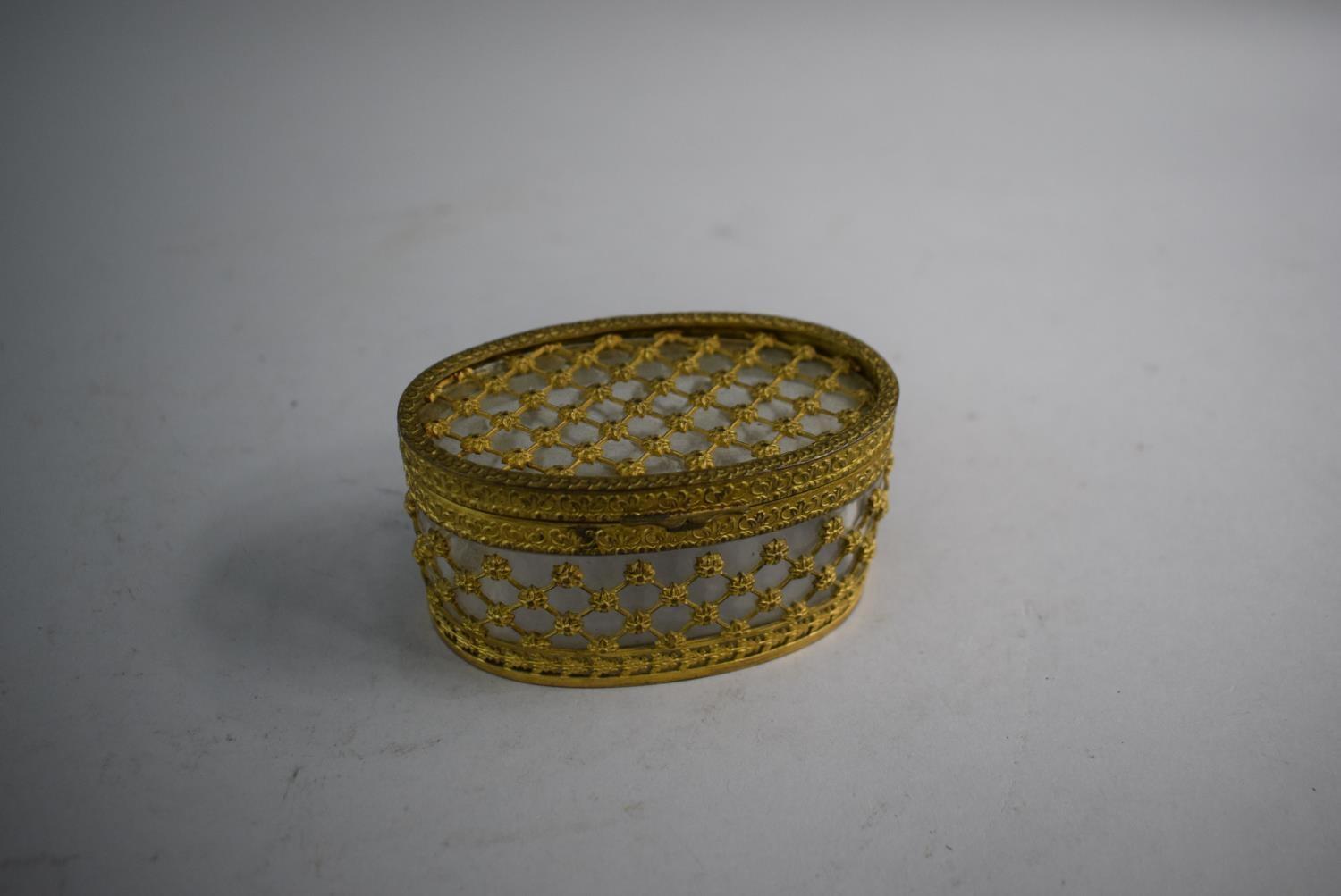 A Pretty Continental Gilt Metal and Glass Oval Dressing Table Box with Hinged Lid, 8.5cm Wide - Image 2 of 4