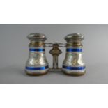 A Pair of Continental Silver Plated Opera Glasses with Blue Enamel Banding and Etched Decoration