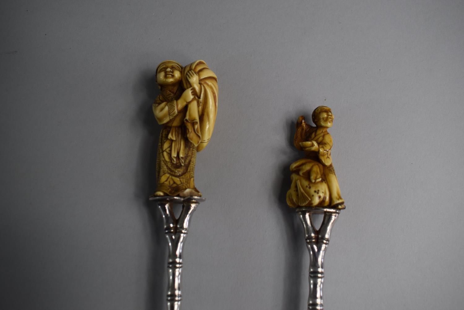 A Cased Pair of Oriental Ivory Mounted White Metal Serving Spoons with Faux Bamboo Handles and - Image 3 of 4