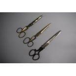 A Collection of Three Pairs of Swedish 19th Century Scissors with Gilt Decoration. One Inscribed
