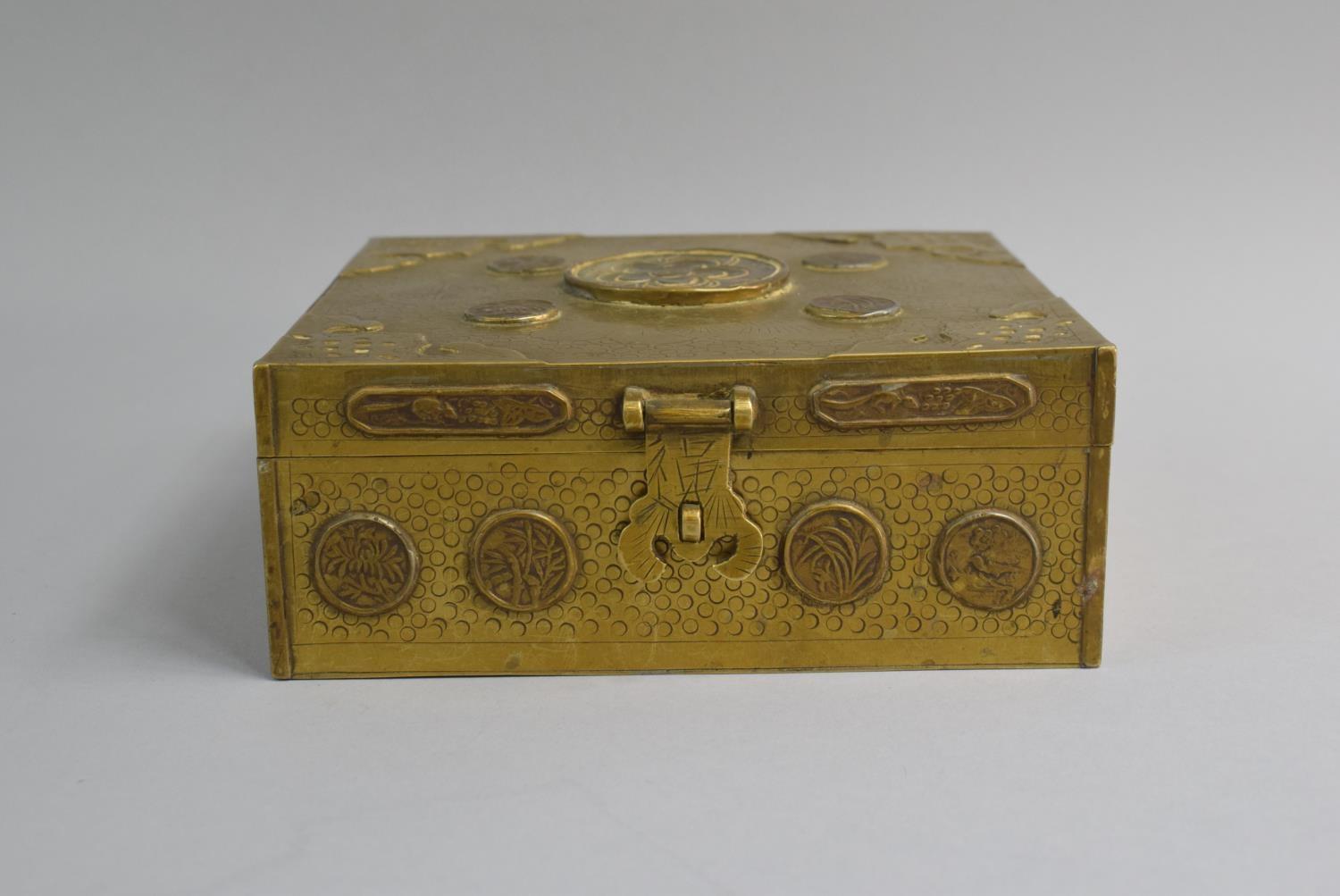 A Mid 20th Century Chinese Brass Two Section Box with Lid. Token Mounts to Front and Lid. 15.5cms - Image 2 of 3