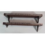 A Pair of Victorian Mahogany Wall Shelves with Pierced Galleries. One Bracket AF. Some Nicks to