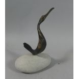 A Signed Norwegian Bronze Bird Mounted on Stone, Dated 1999, Lofoten, Norway, 14cm High