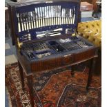 A Good Quality Mahogany Lift Top Canteen Table Containing Silver Plated Bone Handled Cutlery, Almost