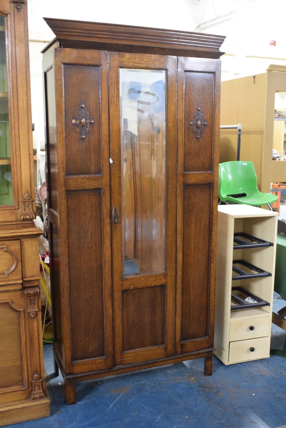 An Edwardian Oak Mirror Fronted Wardrobe, 92cm Wide