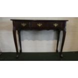 A Reproduction Mahogany Three Drawer Narrow Hall Table on Extended Cabriole Legs, 92cm Wide