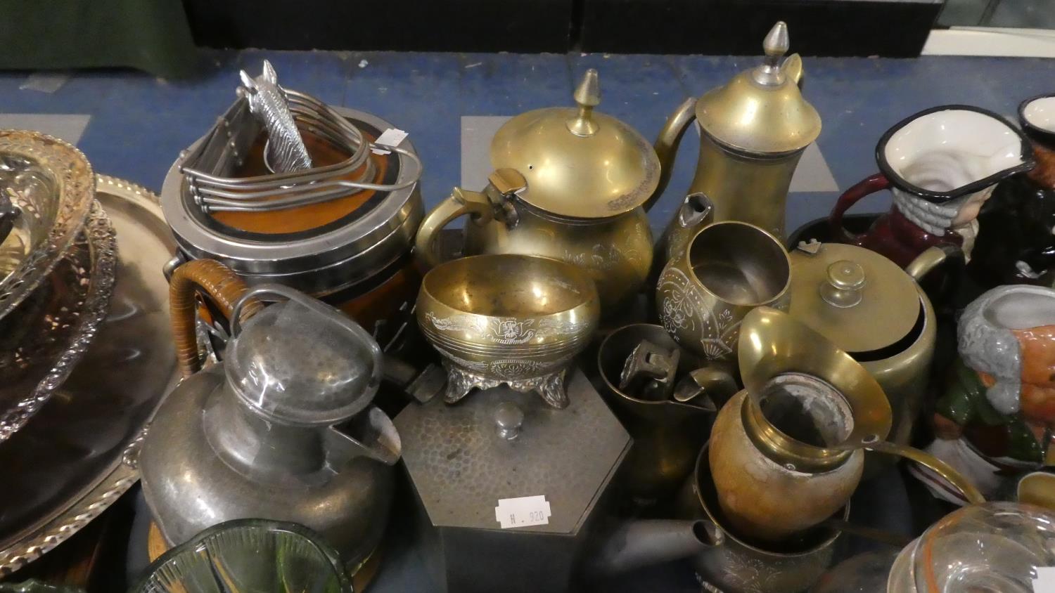 A Tray of Mixeds Metal Wares to Include Tea Sets, Pewter Wares, Leather Mounted Ice Bucket etc