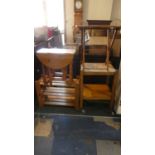 A Pine Shoe Rack, Small Drop Leaf Table, Folding Pine Table and a Trolley